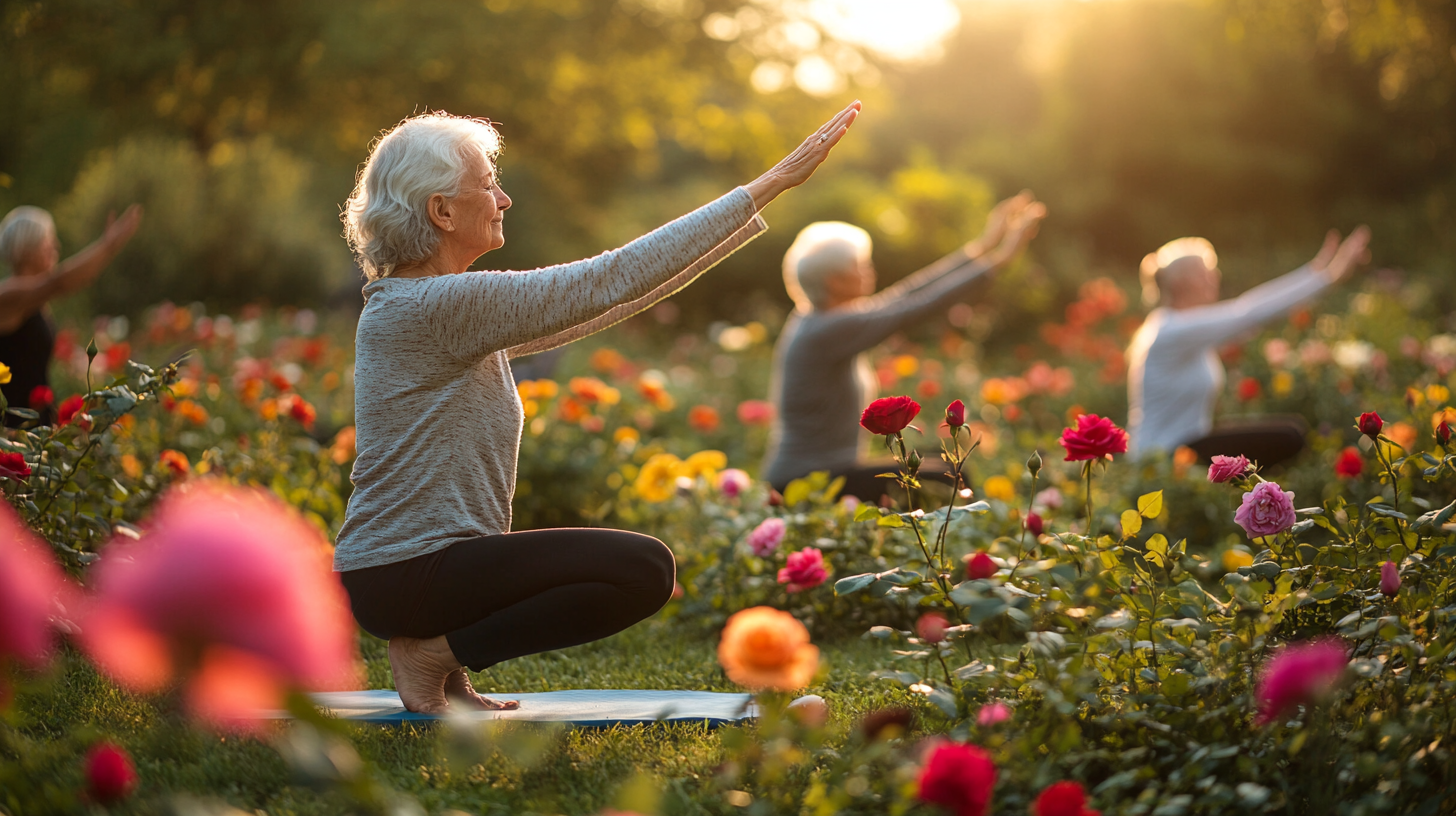 Група старших людей разом займається йогою в світлій студії